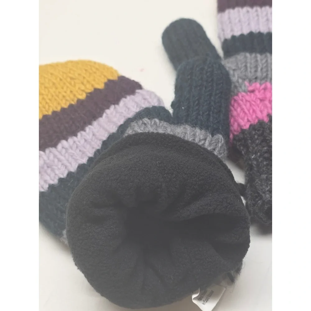 Handmade‎ Nepal 100% Wool Striped Mittens Fleece Lined Multi-Color Chunky Knit